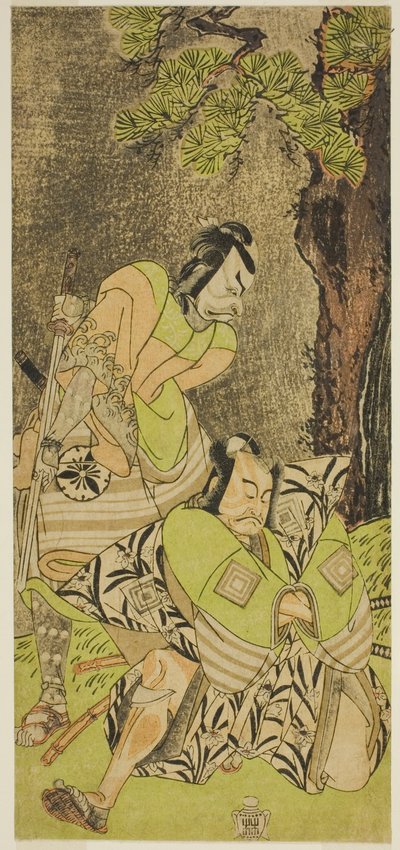 Gli attori Ichikawa Danzo III come I no Hayata Tadazumi (destra), e Matsumoto Koshiro II come Osada no Taro Kagemune (sinistra), nella commedia Nue no Mori Ichiyo no Mato, rappresentata al Teatro Nakamura nell