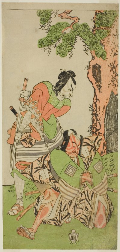 Gli attori Ichikawa Danzo III come I no Hayata Tadazumi (destra), e Matsumoto Koshiro II come Osada no Taro Kagemune travestito da Yatsurugi Zaemon (sinistra), nella commedia Nue no Mori Ichiyo no Mato, rappresentata al Teatro Nakamura nell