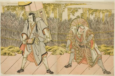 Gli attori Ichikawa Danzo IV come Arakawa Taro Takesada travestito da portatore di palanchino Tarobei (a destra), e Ichikawa Danjuro V come Abe no Sadato travestito da pellegrino Kuriyagawa Jirodayu (a sinistra), nella commedia Godai Genji Mitsugi no Furis da Katsukawa Shunsho