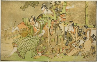 Gli attori Ichikawa Komazo II come Minamoto no Yorimasa (destra), Matsumoto Koshiro II come Osada no Taro Kagemune travestito da Yatsurugi Zaemon (centro), e Ichikawa Danzo III come I no Hayata Tadazumi (sinistra), nella commedia Nue no Mori Ichiyo no Mato da Katsukawa Shunsho