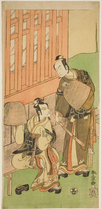 Gli attori Ichikawa Komazo II come Soga no Juro Sukenari (destra), e Ichikawa Danjuro V come Soga no Goro Tokimune (sinistra), in abiti Komuso, nella commedia Sakaicho Soga Nendaiki, eseguita al Teatro Nakamura nel primo mese, 1771 da Katsukawa Shunsho