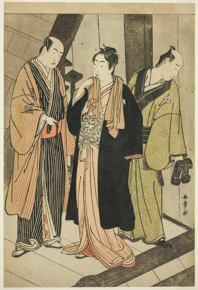 Gli attori Ichikawa Monnosuke II (sinistra), Iwai Hanshiro IV (centro) e Iwai Karumo (?) (destra), su un molo dietro le quinte da Katsukawa Shunsho