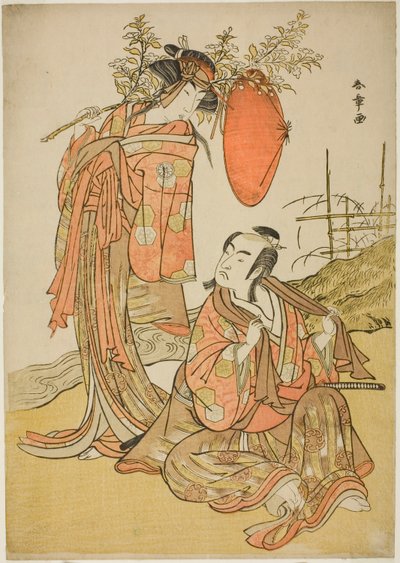 Gli Attori Ichikawa Monnosuke II e Segawa Kikunojo III come gli Amanti Seijuro (destra) e Onatsu (sinistra), nella Scena della Fuga "Michiyuki Hiyoku no Kiku-cho" (Una Fuga: Amanti Crisantemo e Farfalla), un Intermezzo di Danza dalla Parte Due della Commed da Katsukawa Shunsho
