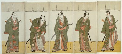 Gli attori Ichikawa Monnosuke II nel ruolo di Karigane Bunshichi, Bando Mitsugoro I nel ruolo di An no Heibei, Ichikawa Danjuro V nel ruolo di Gokuin Sen