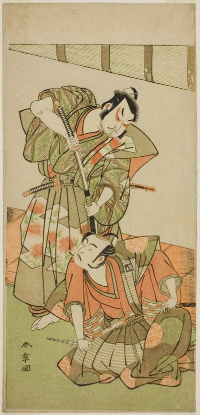 Gli attori Ichikawa Yaozo II come Konoshita Hyokichi (?), e Sakata Hangoro II come Matsunaga Daizen Hisahide (?), nella commedia Gion Sairei Shinko Ki (?), rappresentata al Teatro Ichimura (?) nel quinto mese del 1775 (?) da Katsukawa Shunsho