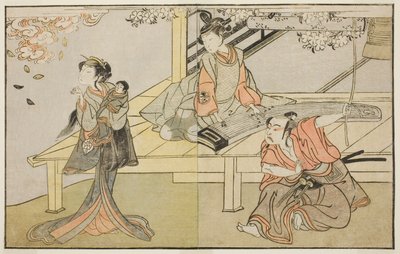 Gli attori Ichikawa Yaozo II come Yoshimine no Munesada (destra), Yoshizawa Sakinosuke III come Shizuya (centro), e Nakamura Matsue I come Sakuragi (sinistra), nella commedia Kuni no Hana Ono no Itsumoji, rappresentata al Teatro Nakamura nell