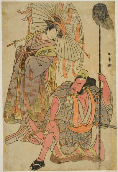 Gli attori Ichimura Uzaemon IX come Hata no Daizen Taketora travestito da Yakko Matahei (destra), e Iwai Hanshiro IV come Umegae travestito da Omatsu, nella commedia Mukashi Otoko Yuki no Hinagata, rappresentata al Teatro Ichimura da Katsukawa Shunsho