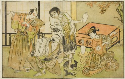 Gli attori Iwai Hanshiro IV come Otatsu-gitsune, Nakamura Nakazo I come Raigo Ajari, Sakata Tojuro III come Kamada Gon-no-kami Masayori, e Ichikawa Yaozo II come Sakon-gitsune (da destra a sinistra), nella commedia "Nue no Mori Ichiyo no Mato," rappresenta da Katsukawa Shunsho