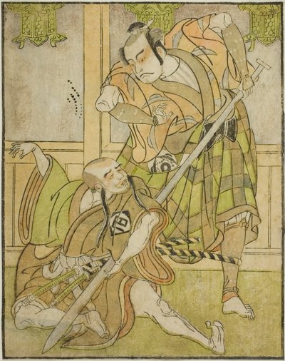 Gli attori Kasaya Matakuro II come Nobuyori travestito da Yakko Gunnai (a destra), e Miyazaki Hachizo come il monaco laico Hambyo Nyudo (a sinistra), nella commedia Nue no Mori Ichiyo no Mato, rappresentata al Teatro Nakamura nell