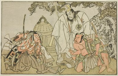 Gli attori Nakajima Mihoemon II come Aramaki Mimishiro (destra), Matsumoto Koshiro II come Otomo no Yamanushi (centro), e Ichikawa Danzo III come Hannya no Goro (sinistra), nella commedia Kuni no Hana Ono no Itsumoji, rappresentata al Teatro Nakamura nell