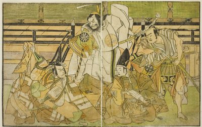 Gli attori Nakamura Denkuro II come Seno-o Taro, Ichikawa Komazo II come Yorimasa, Nakamura Nakazo I come Taira no Kiyomori, e Ichikawa Danjuro V come Kiou Takiguchi (da destra a sinistra), nella commedia Nue no Mori Ichiyo no Mato, rappresentata al Teatro da Katsukawa Shunsho