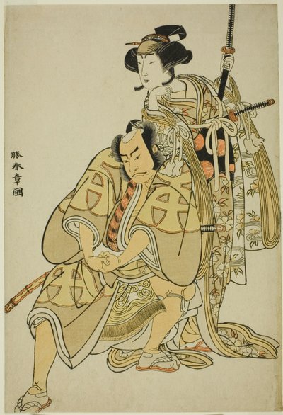 Gli attori Nakamura Nakazo I nel ruolo di Hata Rokurozaemon travestito da servo del samurai (Yakko) Igaguri Hanehei (a sinistra) e Nakamura Noshio I nel ruolo della dama di compagnia Koto no Naishi (a destra), nella sequenza di danza "Sodegasa Momiji no Te da Katsukawa Shunsho