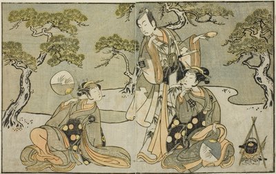 Gli Attori Nakamura Nakazo I come Matsukaze (destra), Ichikawa Komazo II come Ariwara no Yukihira (centro), e Iwai Hanshiro IV come Murasame (sinistra), nella Commedia Kuni no Hana Ono no Itsumoji, rappresentata al Teatro Nakamura nell