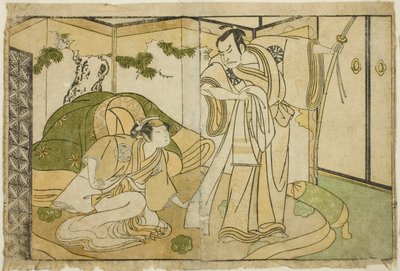 Gli Attori Nakamura Nakazo I come Taira no Kiyomori (destra), e Yamashita Kinsaku II come Tokiwa Gozen (sinistra), nella Commedia Nue no Mori Ichiyo no Mato, Rappresentata al Teatro Nakamura nell