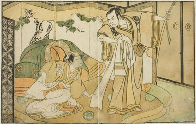 Gli attori Nakamura Nakazo I come Taira no Kiyomori (destra), e Yamashita Kinsaku II come Tokiwa Gozen (sinistra), nella commedia Nue no Mori Ichiyo no Mato, rappresentata al Teatro Nakamura nell