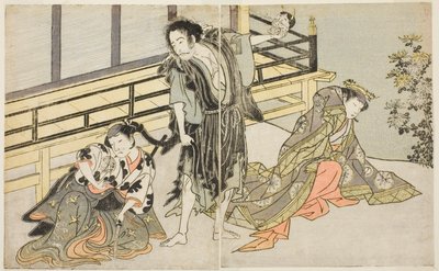 Gli attori Nakamura Noshio I come Nyosan no Miya (destra), Ichikawa Danjuro V come il monaco rinnegato Yochin (centro), e Yamashita Kinsaku II come la cameriera Mutsuhana (sinistra), nella commedia Fuki Kaete Tsuki mo Yoshiwara, rappresentata al Teatro Mor da Katsukawa Shunsho
