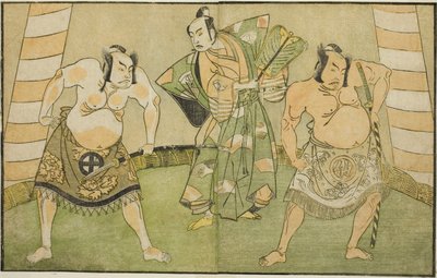 Gli attori Nakamura Sukegoro II come Matano no Goro (destra), Onoe Kikugoro I come Soga no Taro (centro), e Otani Hiroji III come Kawazu no Saburo (sinistra), nella commedia Myoto-giku Izu no Kisewata, rappresentata al Teatro Ichimura nell