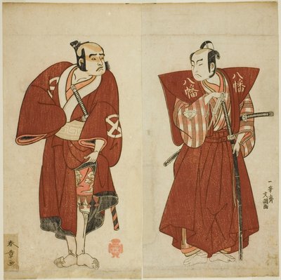 Gli attori Onoe Matsusuke I come Yawata no Saburo (destra), e Otani Tomoemon I come Yakko Emohei (sinistra), nella commedia Myoto-giku Izu no Kisewata, rappresentata al Teatro Ichimura nell