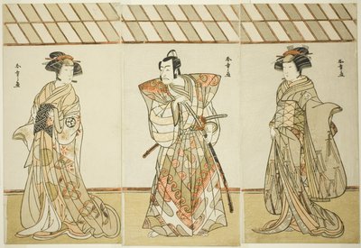Gli attori Onoe Tamizo I come Nishikigi (?) o Otae (?) (destra), Ichikawa Danjuro V come Miura Heidayu Kunitae (?) (centro), e Osagawa Tsuneyo II come Oyuki (?) (sinistra), nella commedia Date Nishiki Tsui no Yumitori (?), rappresentata al Teatro Morita (? da Katsukawa Shunsho