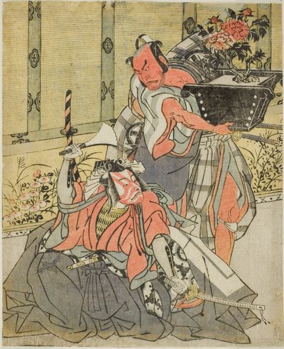 Gli attori Otani Hiroemon III come Shinagawa Okaminosuke (destra), e Ichikawa Danjuro V come Arashishi Otokonosuke (sinistra), nella commedia Fuki Kaete Tsuki mo Yoshiwara da Katsukawa Shunsho