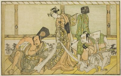Gli attori Otani Hiroji III come Kawazu no Saburo (destra), Segawa Kikunojo II come Principessa Tatsu (Tatsu Hime) (centro), e Nakamura Sukegoro II come Matano no Goro (sinistra), nella commedia Myoto-giku Izu no Kisewata, rappresentata al Teatro Ichimura  da Katsukawa Shunsho