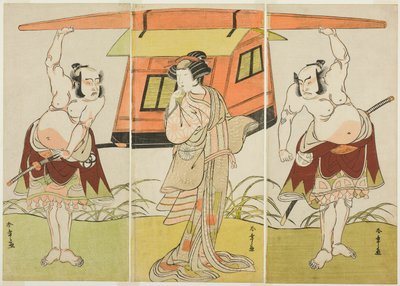 Gli attori Otani Hiroji III come Yokambei (destra), Nakamura Tomijuro I come Kuzunoha (centro), e Bando Mitsugoro I come Yakambei (sinistra), nell