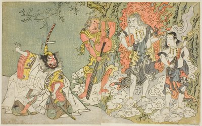 Gli Attori Sawamura Kijuro I come Ikazuchi Shinno, Principe del Tuono (estrema sinistra), Ichikawa Danjuro V come la Divinità Buddhista Fudo (secondo da sinistra), Nakamura Sukegoro II come Seitaka Doji (secondo da destra), e Bando Mitsugoro I come Kongara da Katsukawa Shunsho