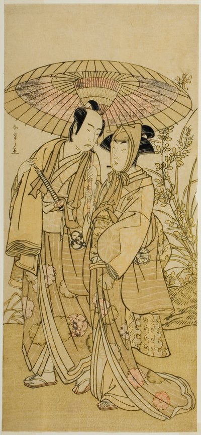 Gli Attori Segawa Kikunojo III (destra) come Ochiyo, e Bando Mitsugoro I (sinistra) come il Fruttivendolo Hambei, nella Commedia Kabuki no Hana Bandai Soga, Rappresentata al Teatro Ichimura nel Quarto Mese, 1781 da Katsukawa Shunsho