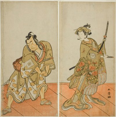 Gli attori Segawa Kikunojo III come Aigo no Waka (destra), e Ichikawa Yaozo II come Hachio-maru Aratora (sinistra), nella commedia Chigo Sakura Jusan Kane, rappresentata al Teatro Ichimura nell