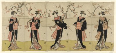 Gli attori Segawa Kikunojo III come Karigane Obun, Nakayama Tomisaburo I come An no Oyasu, Iwai Kiyotaro II come Kaminari no Osha, Nakayama Tatezo I come Gokuin no Osen, e Ichikawa Monnosuke II come Hotei no Oichi (da destra a sinistra), in "Gonin Onna," S da Katsukawa Shunsho