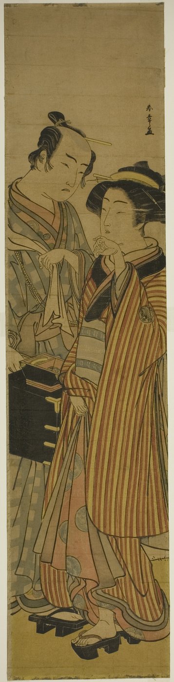 Gli attori Segawa Kikunojo III come Okoma (destra), e Arashi Sangoro III come il parrucchiere Obana Saizaburo (sinistra), nella commedia Koi Musume Mukashi Hachijo, rappresentata al Teatro Nakamura nel terzo mese, 1776 da Katsukawa Shunsho