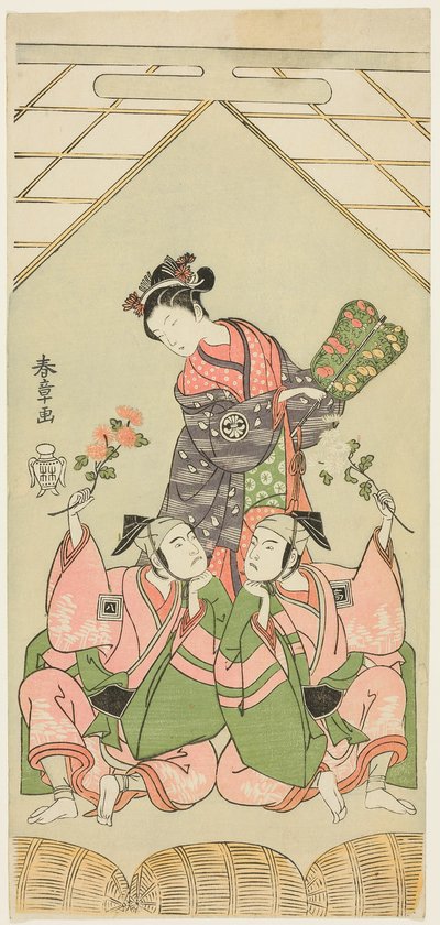 Gli attori Segawa Kikunojo II come la balia Reizei, Ichikawa Komazo I come Suruga no Hachiro nei panni del suonatore di shamisen Kichiroku (a destra), e Ichikawa Yaozo II come Tada no Kurando nei panni del portatore di palanchino Kichinai (a sinistra), nel da Katsukawa Shunsho
