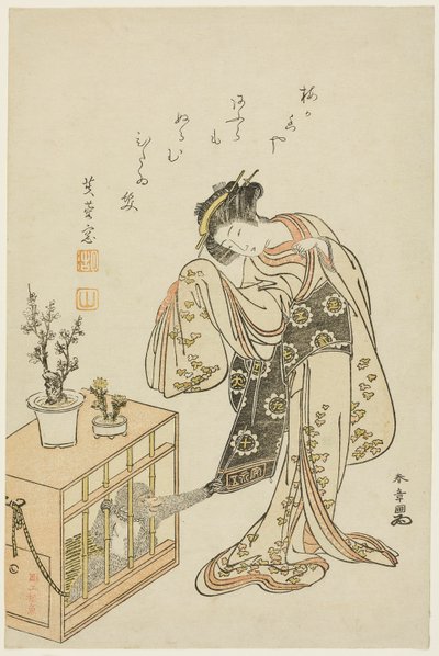 Giovane Donna con una Scimmia in Gabbia (Stampa del Calendario per il Nuovo Anno 1776) da Katsukawa Shunsho