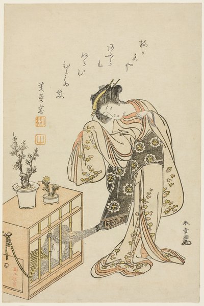 Giovane donna con scimmia in gabbia (Stampa calendario per il Capodanno 1776) da Katsukawa Shunsho