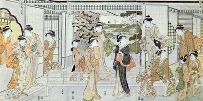 Giovani donne con un cesto di crisantemi da Katsukawa Shunsho