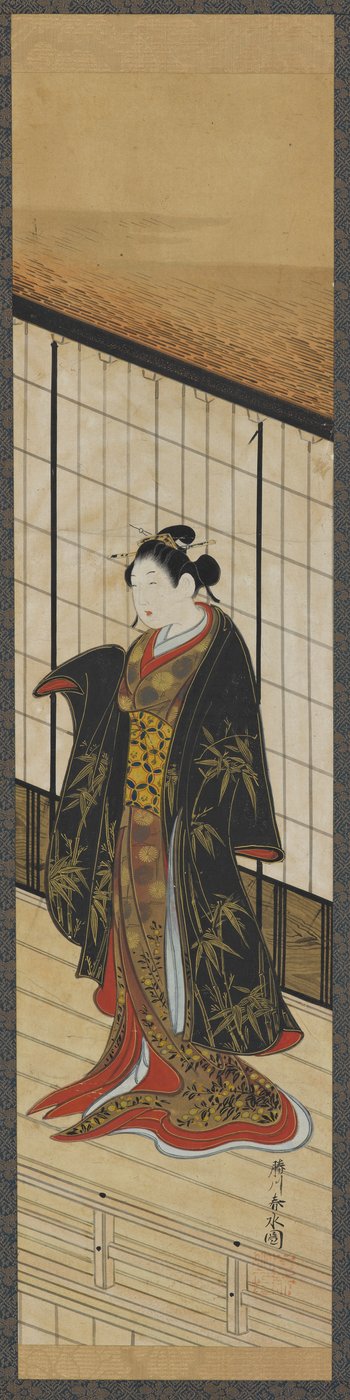 Donna su un balcone al secondo piano, periodo Edo da Katsukawa Shunsui