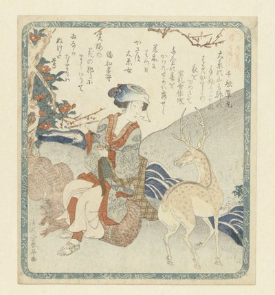 Donna seduta accanto a un cervo da Katsukawa Shuntei
