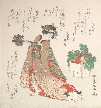 Giovane donna che porta una brocca di vino per la cerimonia del nuovo anno, ca. 1815 da Katsukawa Shuntei