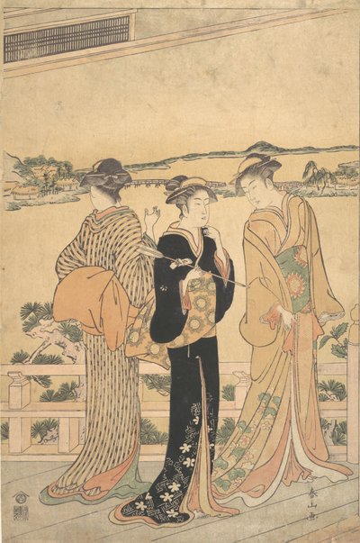 Tre donne su una veranda con vista sulla baia, fine XIX secolo da Katsukawa Shunzan