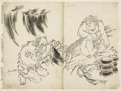Personificazione della tempesta con Kintaro e Oni piangente da Katsushika (school of) Hokusai