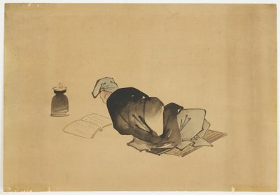 Uomo sdraiato che legge alla luce della lampada, ca.1850 da Katsushika (school of) Hokusai