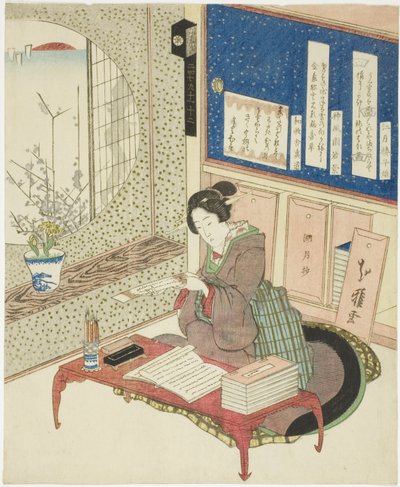 Donna che legge poesie in una stanza di studio da Katsushika Hokuga