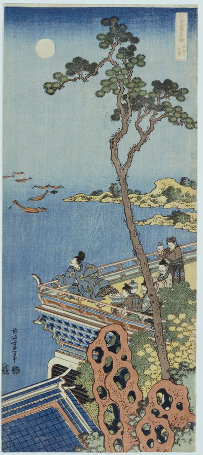 Un cortigiano sul balcone di un padiglione cinese che guarda in lontananza in una notte di luna, dalla serie "Uno specchio di versi cinesi e giapponesi" da Katsushika Hokusai