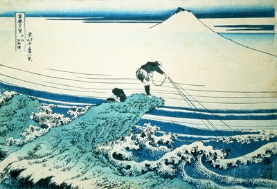Un pescatore in piedi su un promontorio roccioso a Kajikazawa nella provincia di Kai, dalla serie "36 vedute del Monte Fuji", pub. c.1830-31 da Katsushika Hokusai