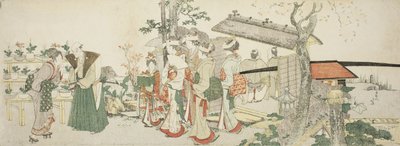 Un gruppo di giovani donne che entra nel giardino di un orticoltore da Katsushika Hokusai
