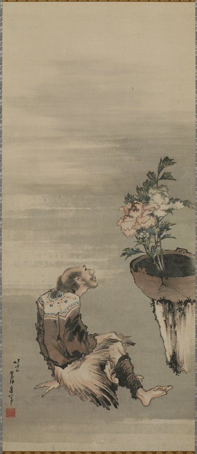 Un uomo seduto che guarda peonie in vaso, periodo Edo da Katsushika Hokusai