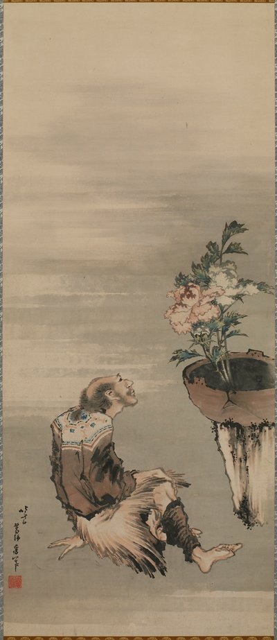 Un uomo seduto che guarda peonie in vaso, fine XVIII-inizio XIX secolo da Katsushika Hokusai