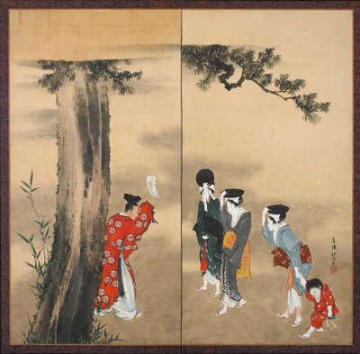 Un sacerdote Shinto, tre donne e un bambino, Periodo Edo, c.1799 da Katsushika Hokusai