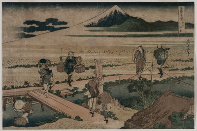 Veduta del Monte Fuji e Viaggiatori su un Ponte, ca. 1835 da Katsushika Hokusai