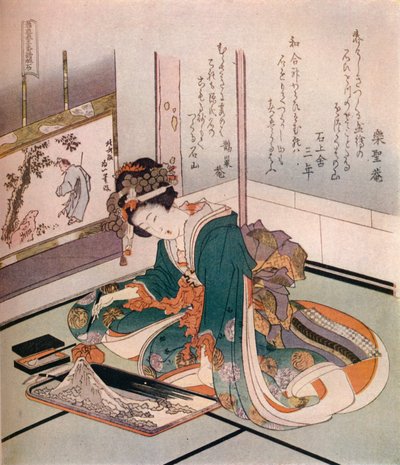 Una donna che realizza un modello in miniatura del Monte Fuji, c1823 da Katsushika Hokusai